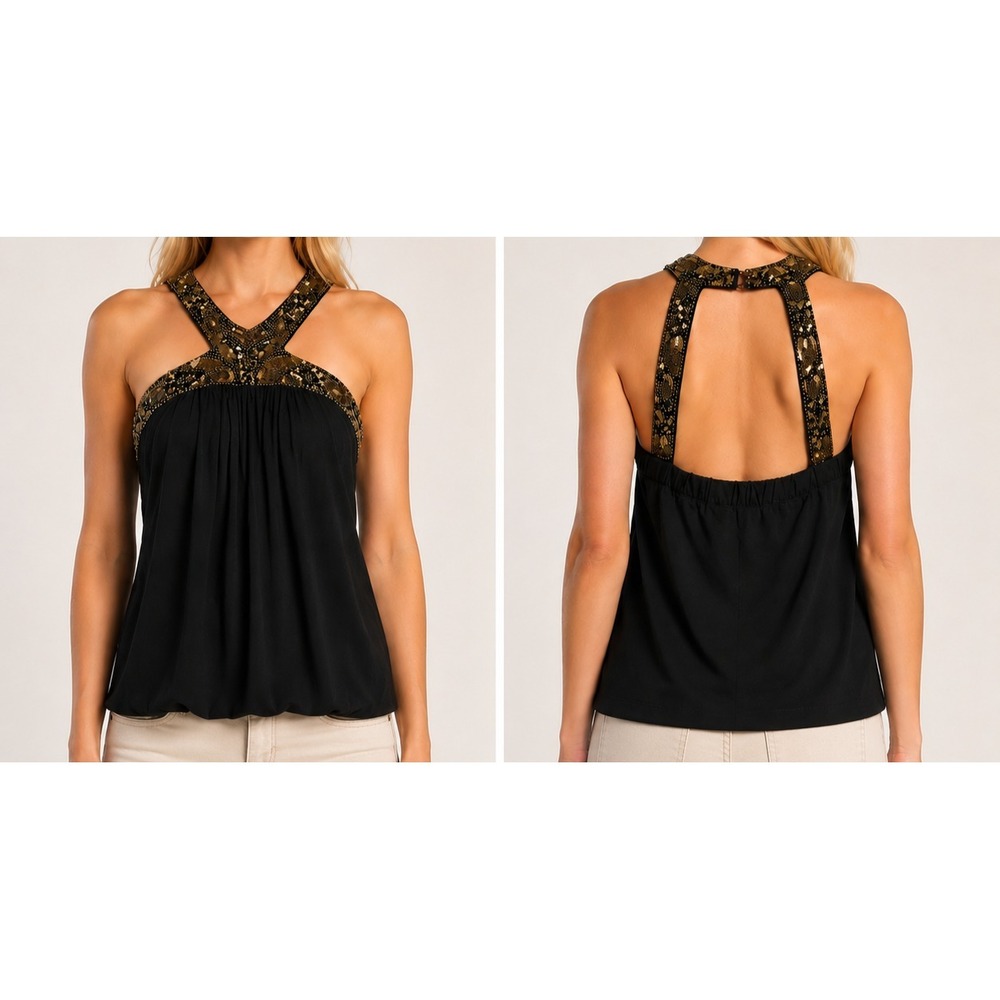 Cache Hollywood Glam Embellished Sequin Beaded Halter Babydoll Top Black SZ Mdm